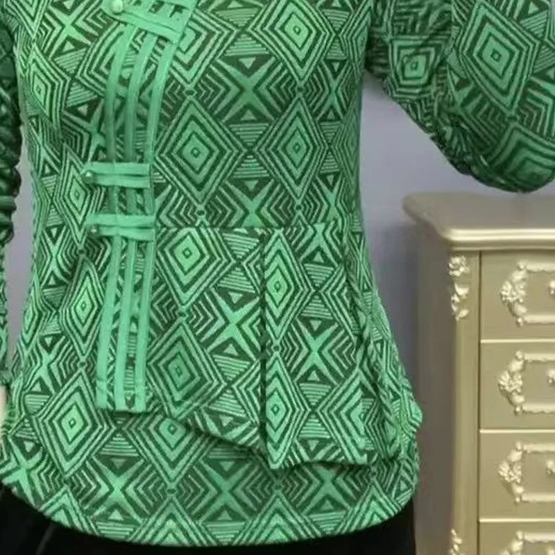 Spring Autumn New V-neck Fashion Long Sleeve Blouse Women High Street Casual Printing Pullovers Elegant Button Patchwork Tops