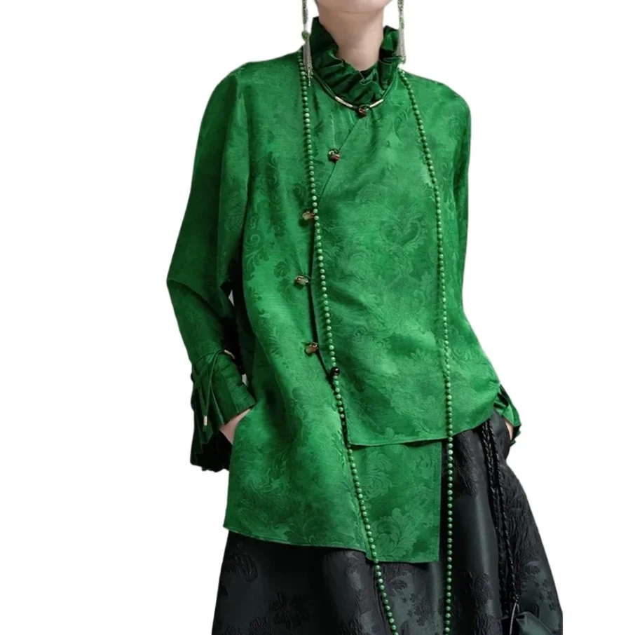 Koszula damska 2025, zielona, elegancka, z tkaniny żakardowej, z rękawami w kształcie płatków, chińska odzież tradycyjna, bluzka damska.