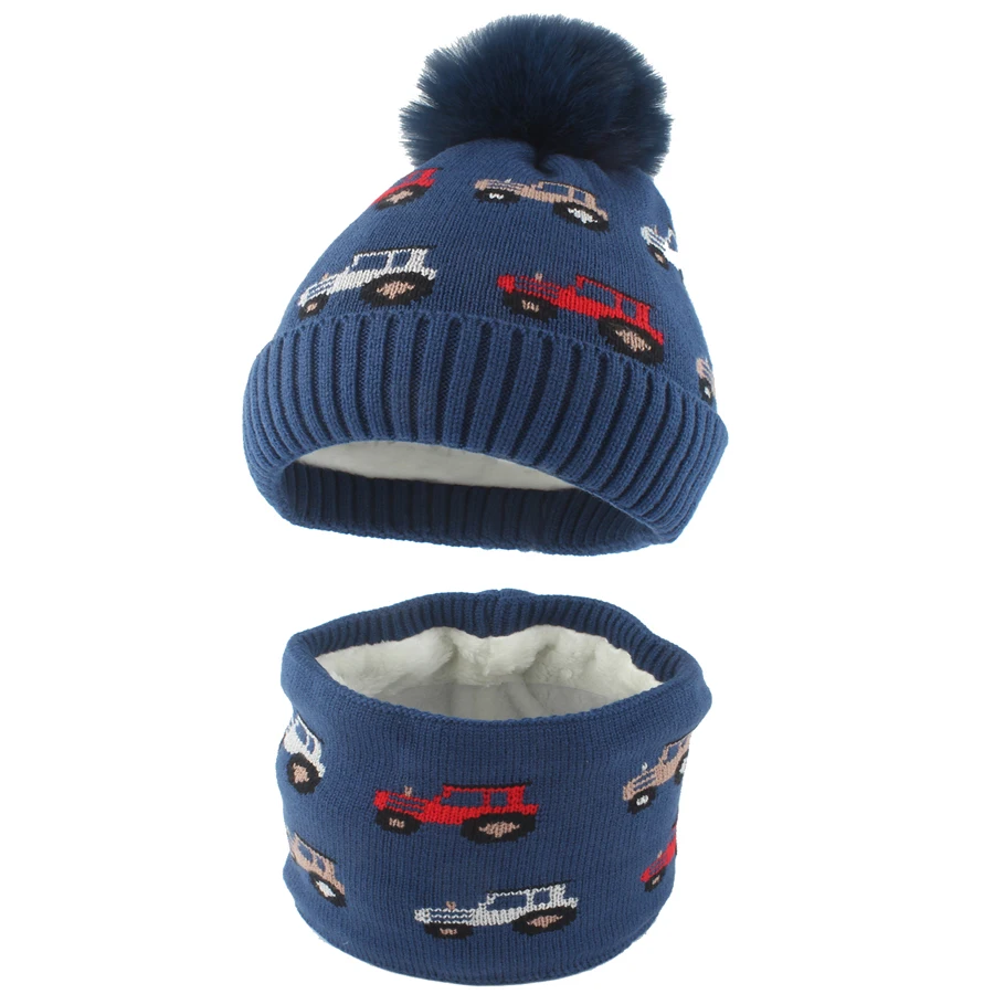 Children Hat Scraf Set Boys Cartoon Car Jacquard Winter Fleece lining Ear Protection Beanies Warm Knitted Thick Ski Cap Kids