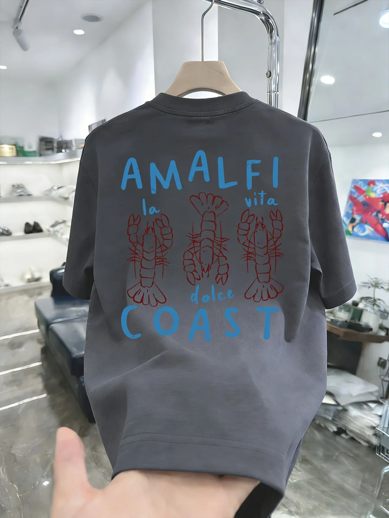 Amalfi Coast Men's T-shirt Lobster Graphic Casual Cotton Short Sleeve Tops Summer Streetwear view 3