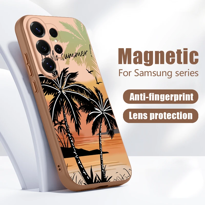 Seaside Coconut Print Case For Samsung S26 S25 Ultra S24 S23 FE S22 A17 A37 A54 A55 A56 A57 5G Hybrid Magnetic Matte Cover Funda