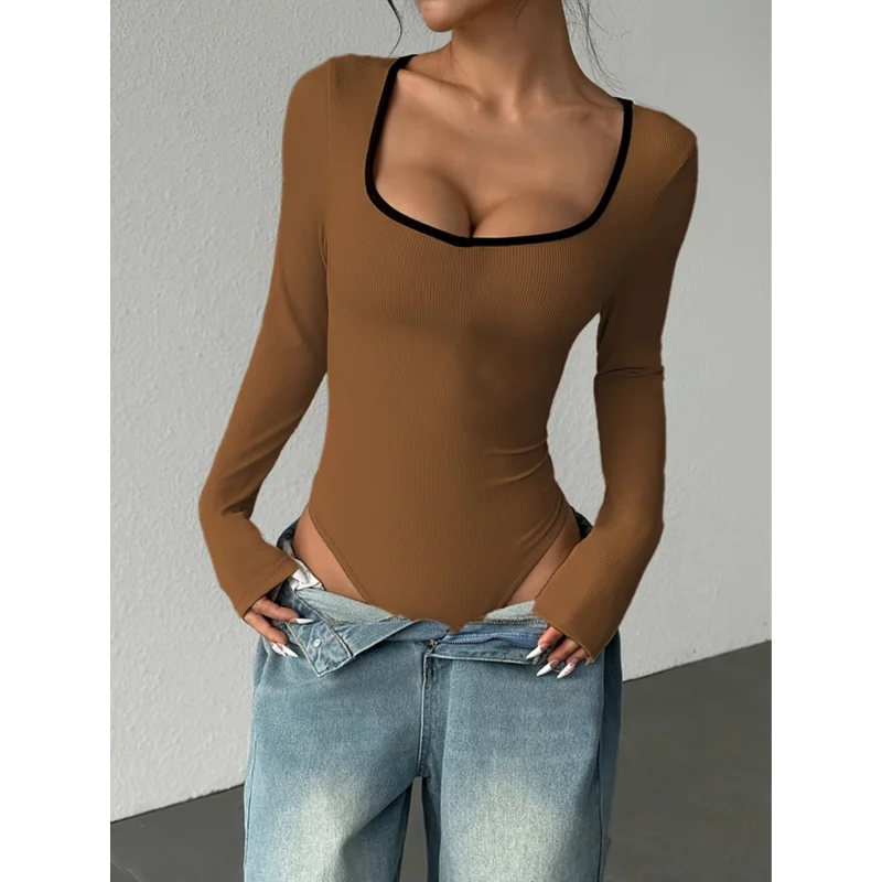Women'S Sexy Slim-Fit U-Neck Jumpsuit - Long Sleeve Solid Color All-Season Elegant Outfit, Chic & Comfortable view 2
