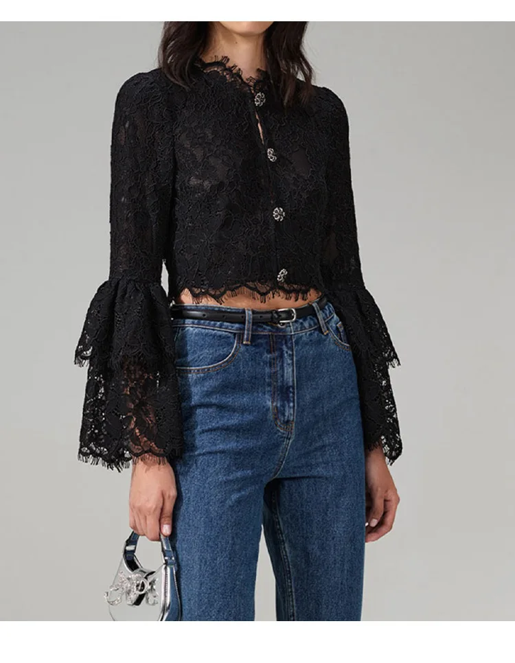 

Female Vintage Lace Embroidery Slim Long Sleeve Shirt 2023 Spring Women's Flare Sleeve Single-Breasted Short Breasted Blouse Top