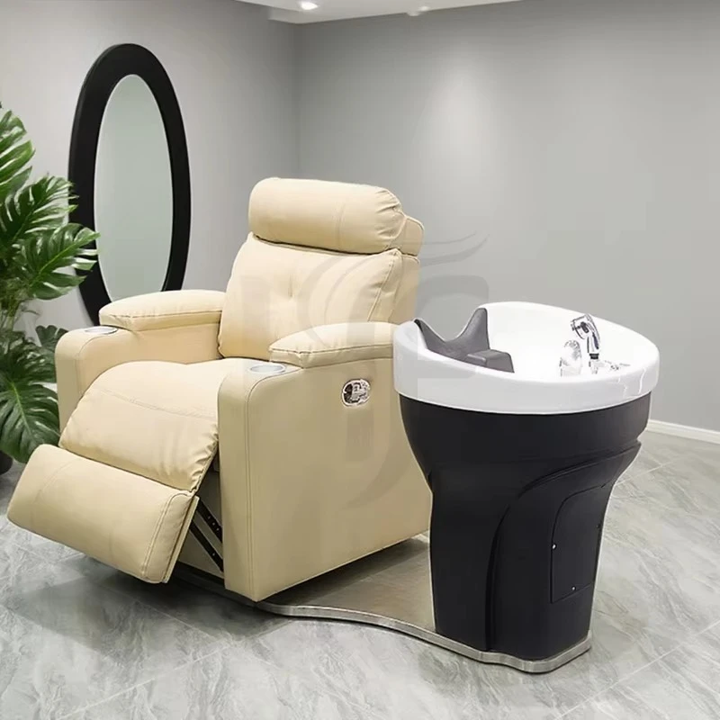 Leather Shampoo Chair with White Bowl Massage Hair Spa & Washing Chair for Barber Shop