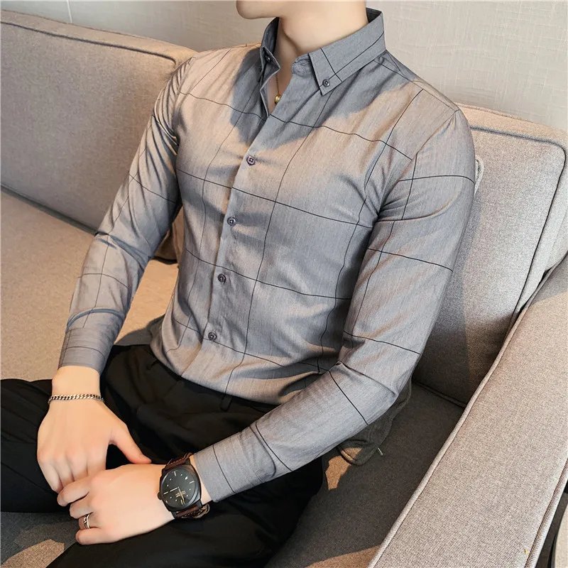 

High-end Business Striped Plaid Men Dress Shirt Asian Size 4XL Korean Style Long Sleeved Lapel Slim Formal Tops Camisa Masculina