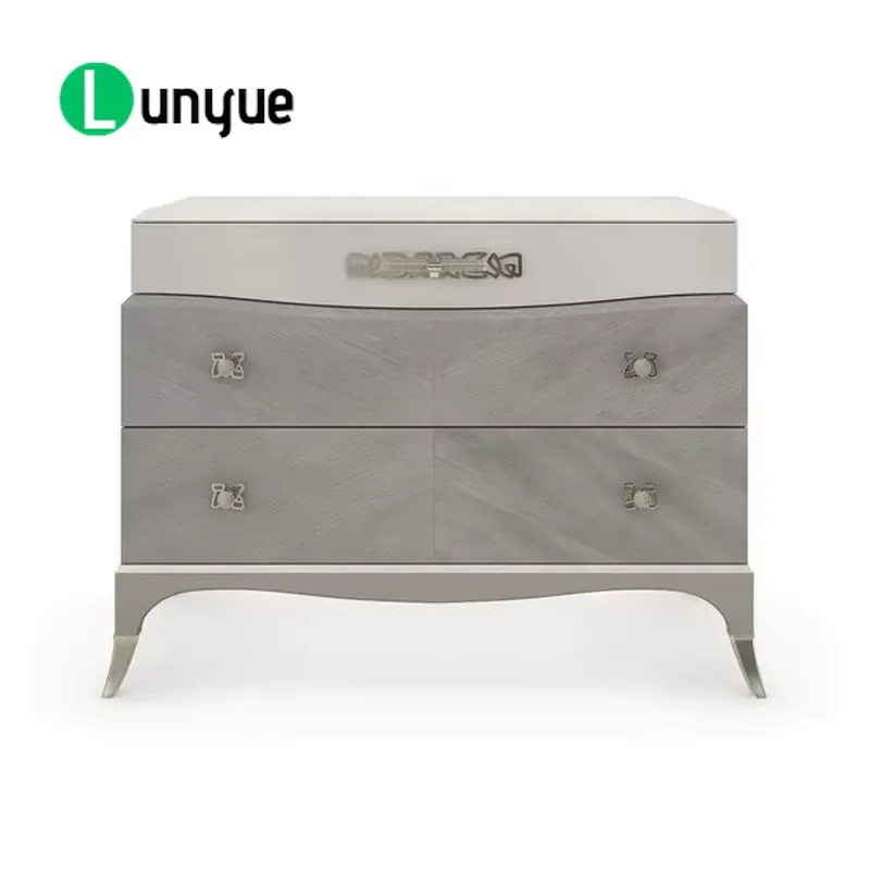 Luxury 4 Drawer Bedside Table Wooden Top Silver Base Modern Nightstand for Bedroom Living Room Eco Friendly Home Furniture
