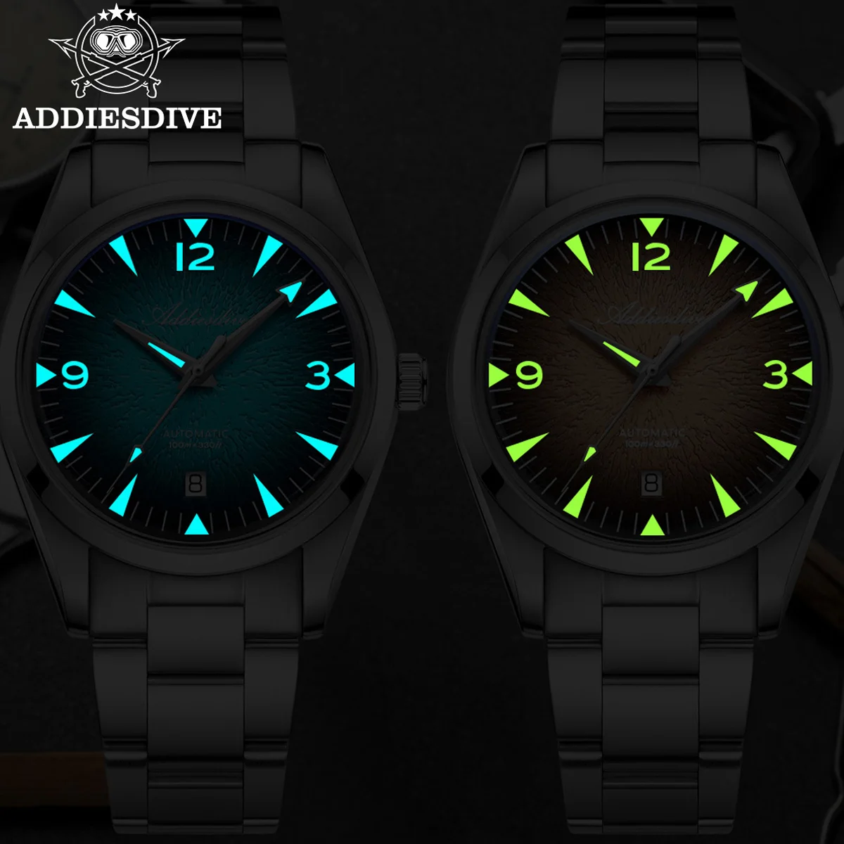 Reloj de pulsera mecánico automático ADDIESDIVE, 39mm, textura de onda degradada, recubierto de AR, cúpula, resistente al agua, relojes luminosos de 100m para hombre