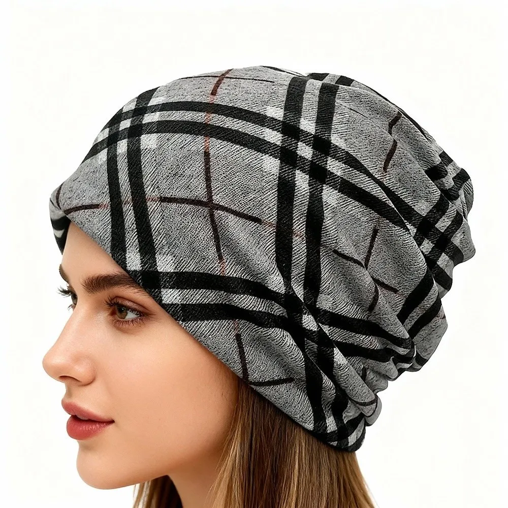 Women Pullover Hat Plaid Print Scarf Pullover Hat Turban Hats Casual Hedging Cap Autumn Winter Skullies & Beanies