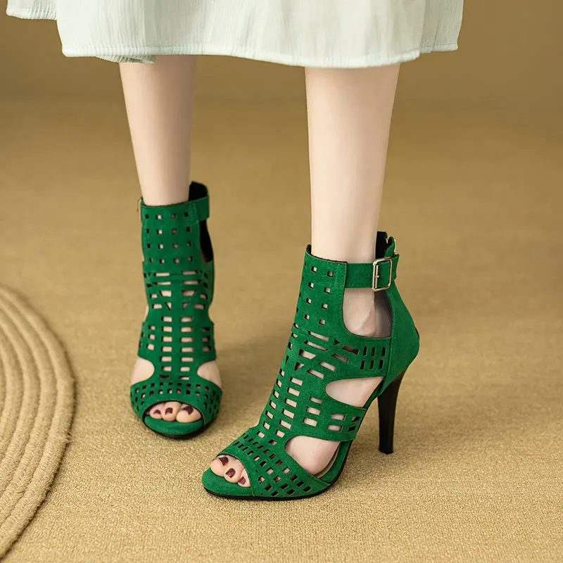 Faux Velour Velvet Hallow Cut-out Green Black Mature Lady Summer Shoes Peep Toe Gladiator High Heels Stiletto Boots Sandals
