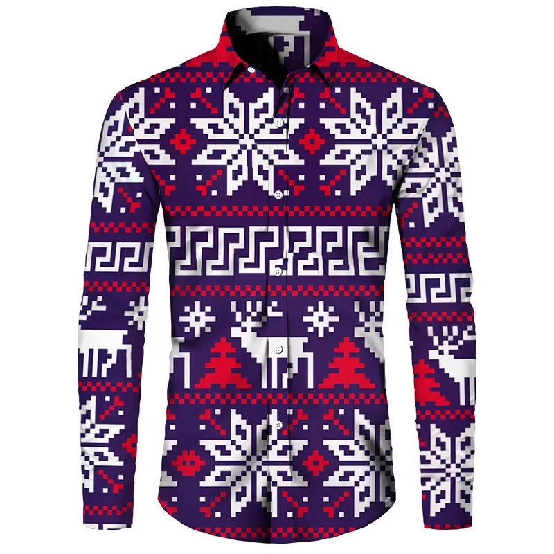 2024 Christmas Long Sleeve Shirt Lapel Men\'s Button Up Shirt Christmas Snowman 3D Printed Men\'s Casual Party Holiday Top 6XL