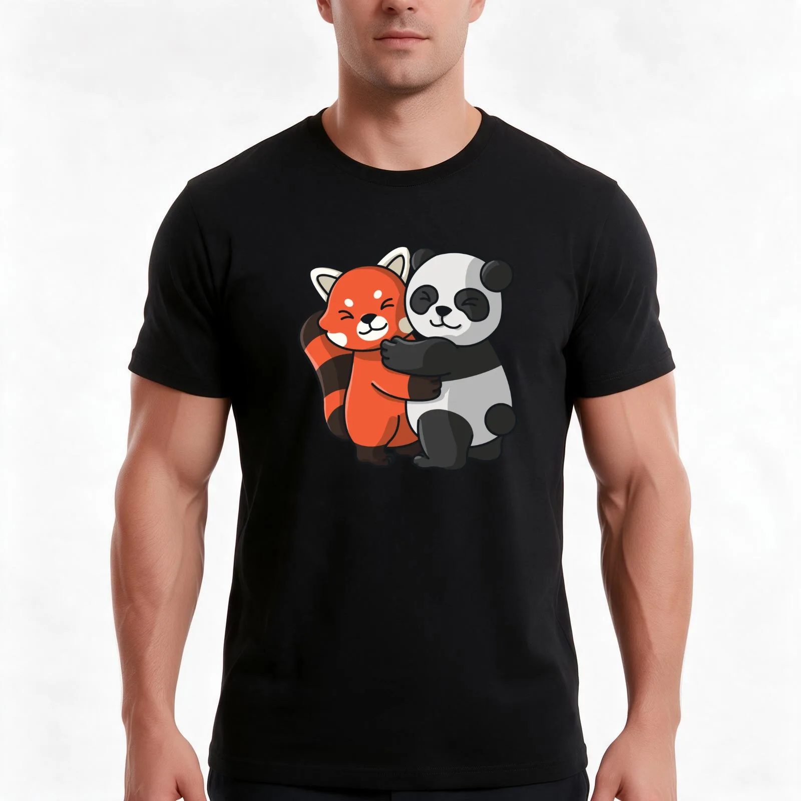 red Panda and Panda cute Hug Cuddle Animals T-Shirt, Summer Casual Cotton Tee, Oversized Streetwear Tops, Vintage Graphic Print