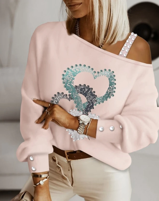 

2023 Autumn Winter Spring New Fashion Casual Female Clothing T-Shirts Pullover Tops Sexy Heart Pattern Beaded Cold Shoulder Top