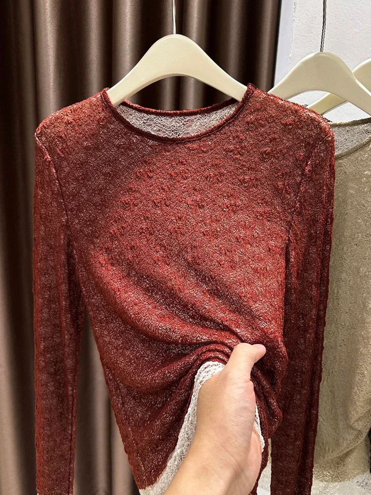 

Красная кружевная базовая блузка Ankela для женщин, весенняя, сексуальная, индивидуальный дизайн, с драпировкой на талии, корейский стиль, облегающая, с длинным рукавом