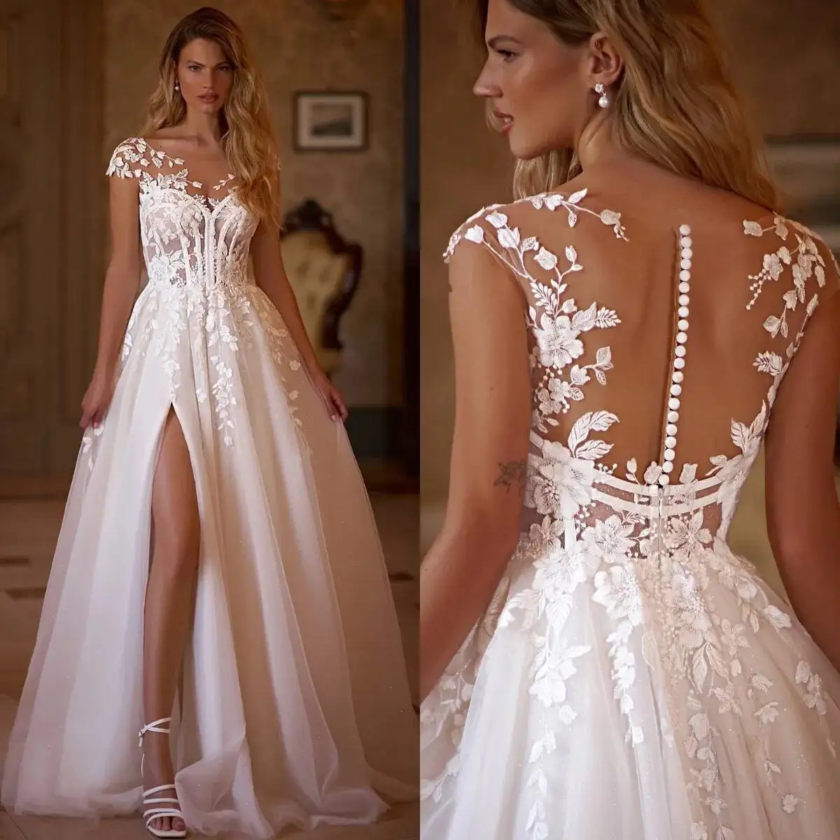 

Иллюзионные платья в стиле бохо, свадебные платья, прозрачная кепка с овальным вырезом, свадебное платье на пуговицах сзади, с разрезом до бедра, халат De Mariee