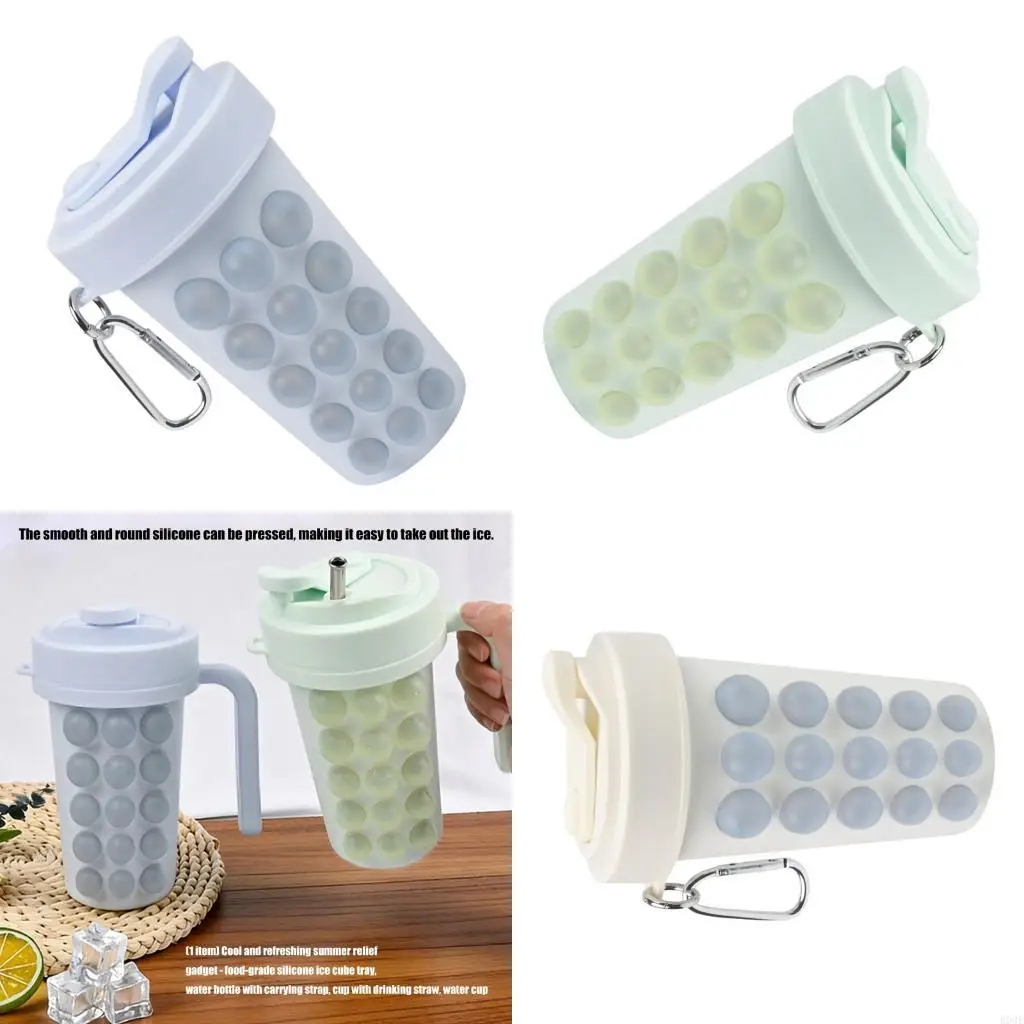

Silicone Ice Cubes Molds With Leak Proof Water Bottle And Drinking Straw Portable Cup For Hot Weather B03E