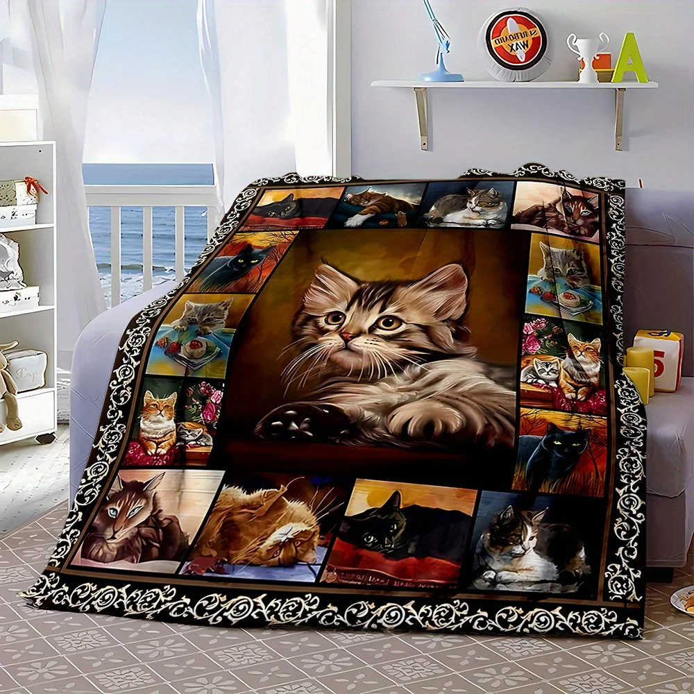 Cute Hand-Drawn Pet Cat Grid Pattern Blanket, All-Season Warm and Cool Blanket