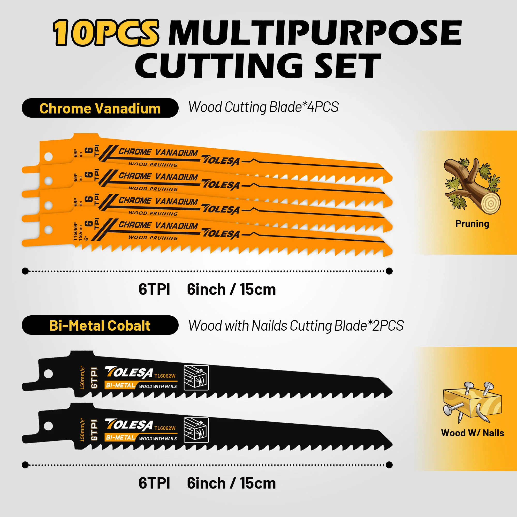 TOLESA 5/10PCS Reciprocating Saw Blade for Wood Pruning PVC Cutting for Metal Cutting Sawzall Blade for Window Door Demolition - view 2