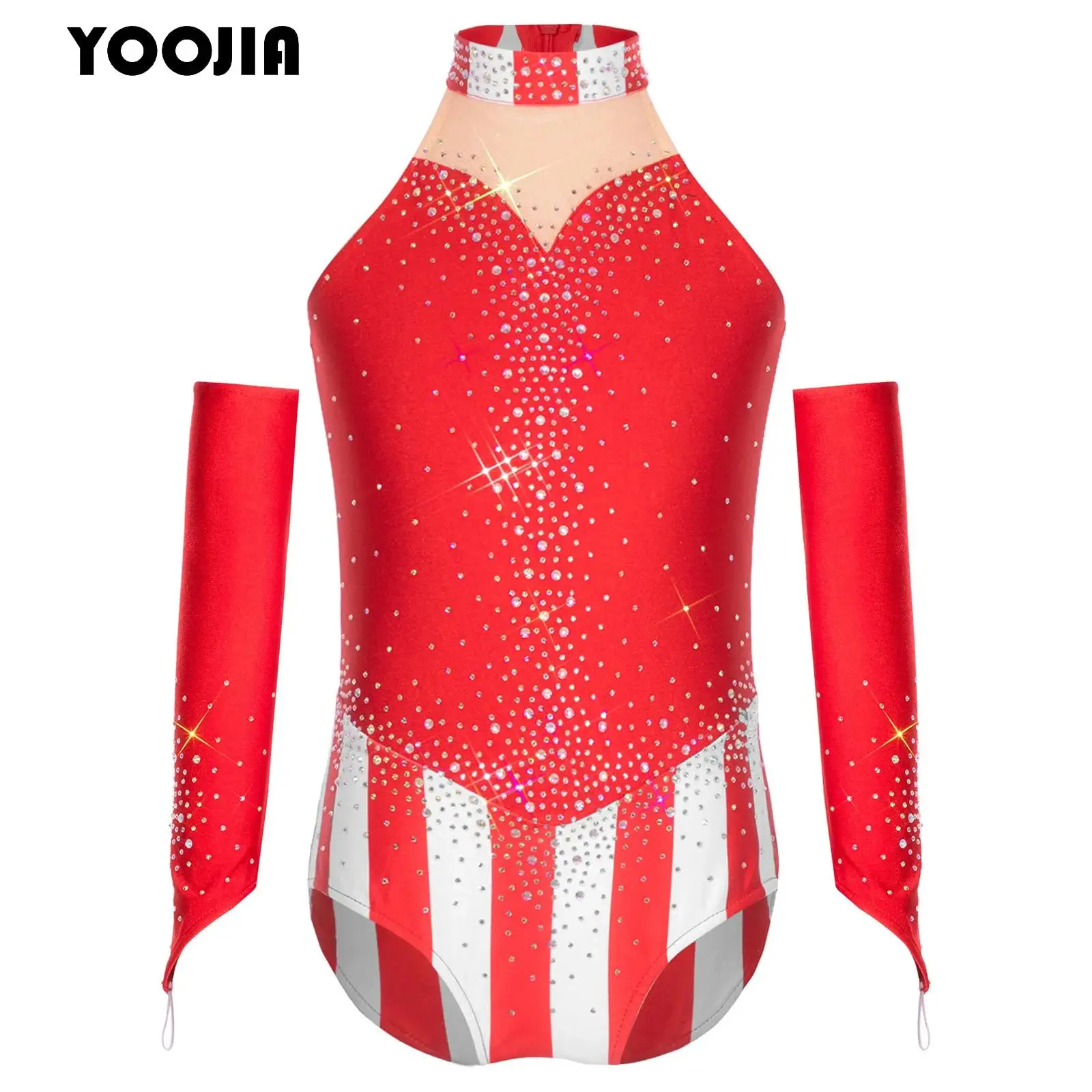 

Girls Christmas Santa Elf Circus Dance Outfits Rhinestones Candy Cane Sleeveless Leotard Bodysuit Jumpsuit and Oversleeves Set