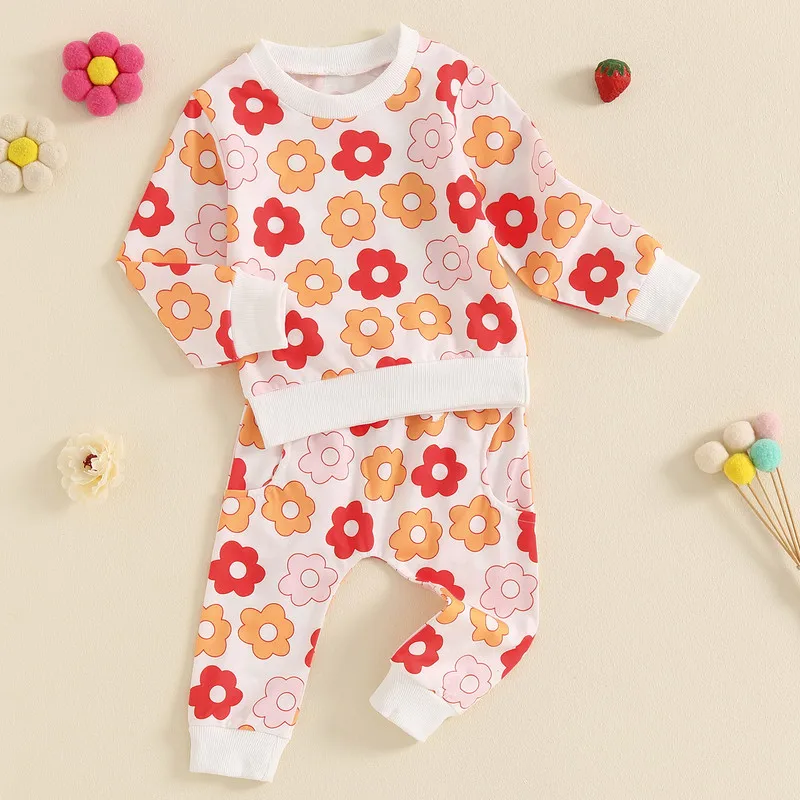 Toddler Girl Pants Sets Fall Clothes Floral Print Crew Neck Long Sleeve Sweatshirts and Long Pants 2Pcs Set Baby Clothing