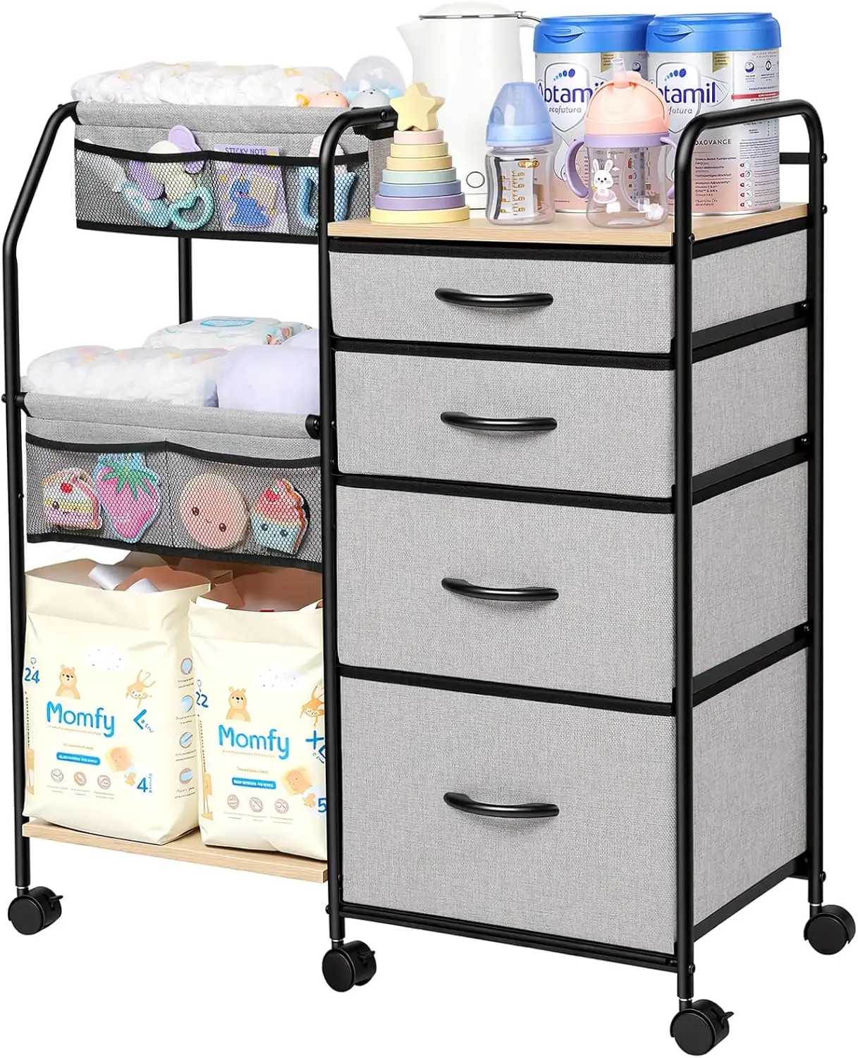 

Baby Diaper Caddy Organizer Cart - 4 Tier Rolling Diaper Cart with Wheels, Baby Essentials Organizers and Storage, Mobil
