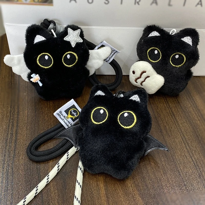 Cute Plush Cat Keychain Adorable Black Big-eyed Kitten Key Pendant Cartoon Backpack Key Ring Accessory image 3