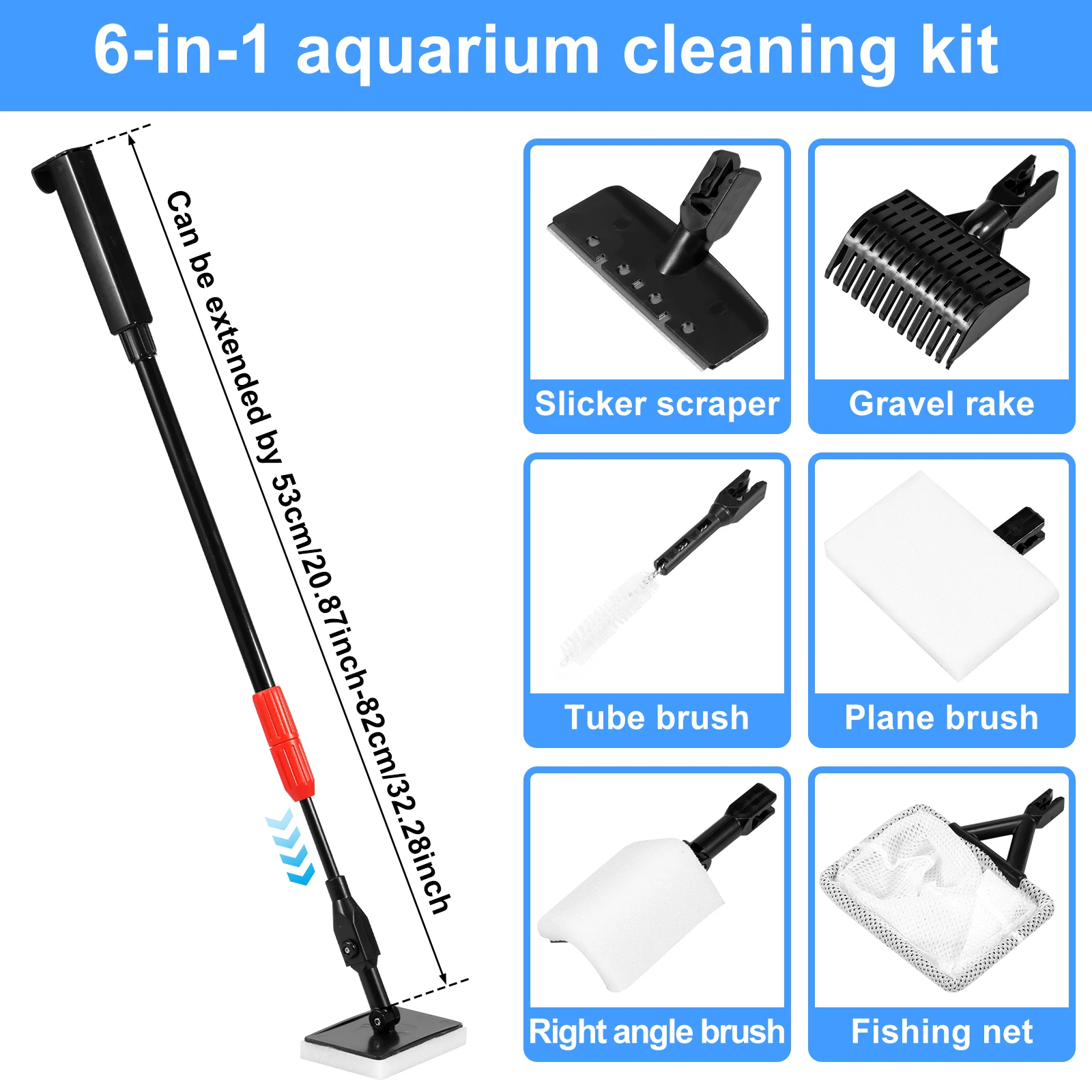 6 in 1 Aquarium Cleaning Tools Complete Aquarium Cleaning Kit with Scraper Gravel Rake Pipe Brush Practical Fish Tank Cleaning