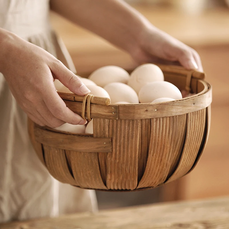 

Hand-Woven Wood Chip Storage Basket Desktop Fruits Basket Eco Natural Wood Vegetable/Eggs Storage Basket Picnic Basket