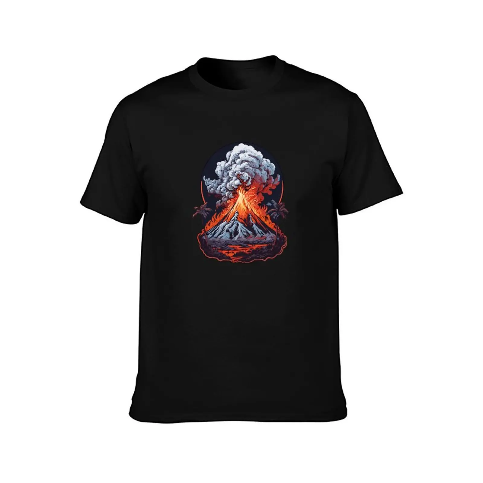 Jungle landscape with erupting volcano T-Shirt Summer Casual Cotton Tee Oversized Streetwear Tops Vintage Graphic Print