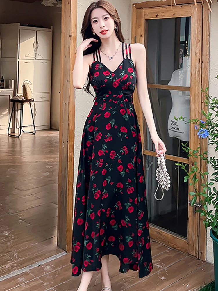 Summer Black Chiffon Chic Ruffled Floral Sling Long Dress Women Korean Vintage Evening Dress 2025 Elegant Bodycon Party Vestidos