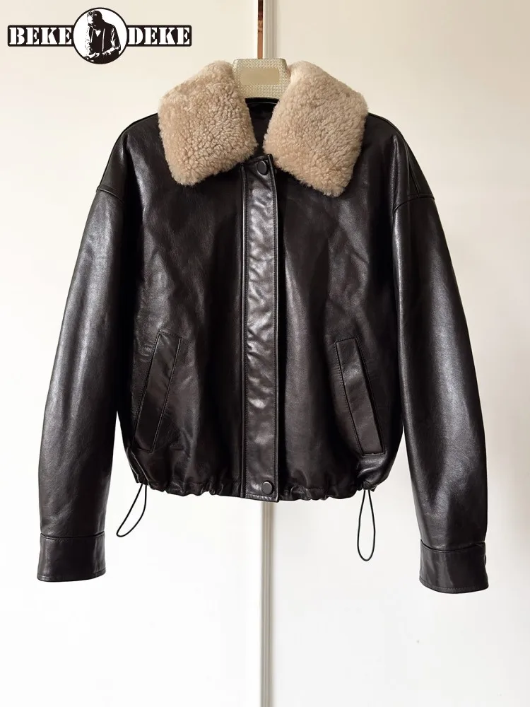 Abrigo de invierno de piel auténtica para mujer, abrigo informal holgado con cuello de lana a la moda, ropa de calle gruesa y cálida chaqueta de piel de oveja