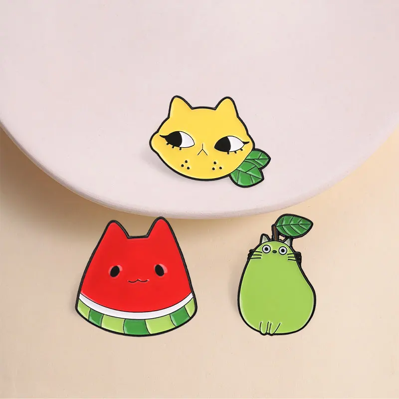 Cute Fruit Cat Enamel Badge Kawaii Watermelon Lemon Pear Kitty Cartoon Animal Pins Lapel Backpack Decor Brooches Jewelry Gifts