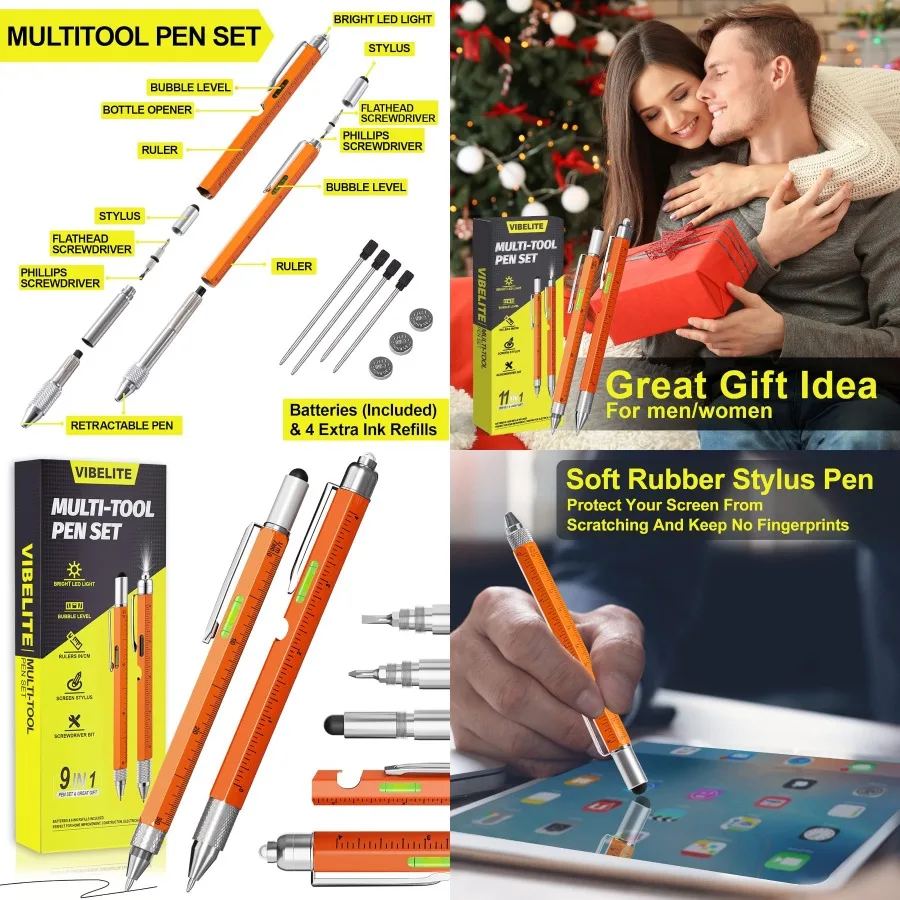 

VIBELITE 11 in 1 Multitool Pen Set with LED Stylus Built-in Level Screwdriver Flathead Compact Gadgets for Everyday Use Ideal f
