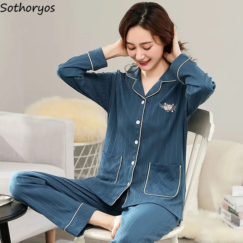 Pajama Sets Women Spring Solid Embroidery Sleepwear Nightgowns Home Single Breasted Long Sleeve Turn-down Collar Thin Casual