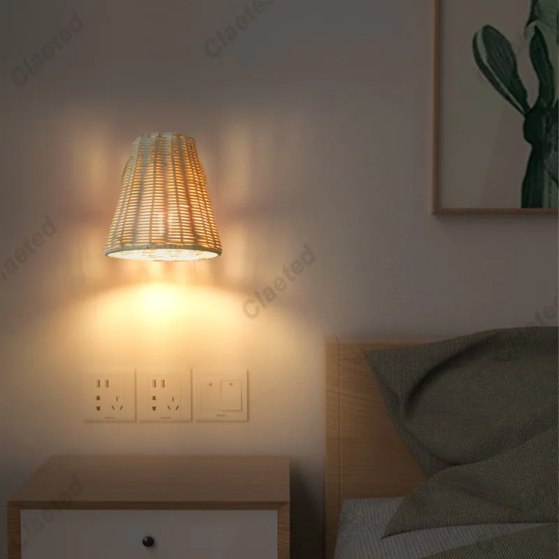 Handmade Rattan Woven E27 Decorative Wall Lamp Bedroom Bedside Lamp Living Room Dining Room Corridor Decorative Lighting Fixture
