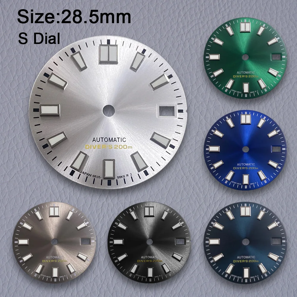 28.5mm S Logo Dial NH35 Sunburst Diver's Dial Fit NH35/NH36/4R/7S Movement Strong C3 Green Luminous Watch Accessories