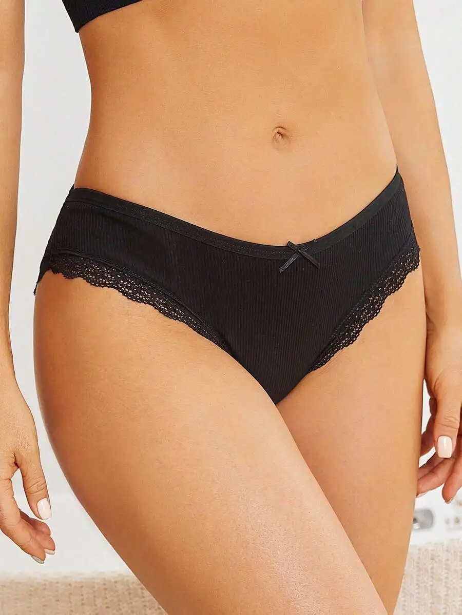 

Womens Black Lace Trim Low Waist Briefs With Bow Detail