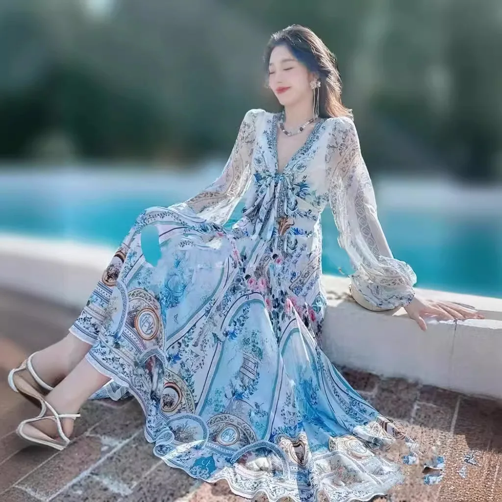 

2024 dresses Summer New Retro Blue Chiffon Fragmented Flower Elegant Dress Party Dress vestidos de noche juveniles sexy dress