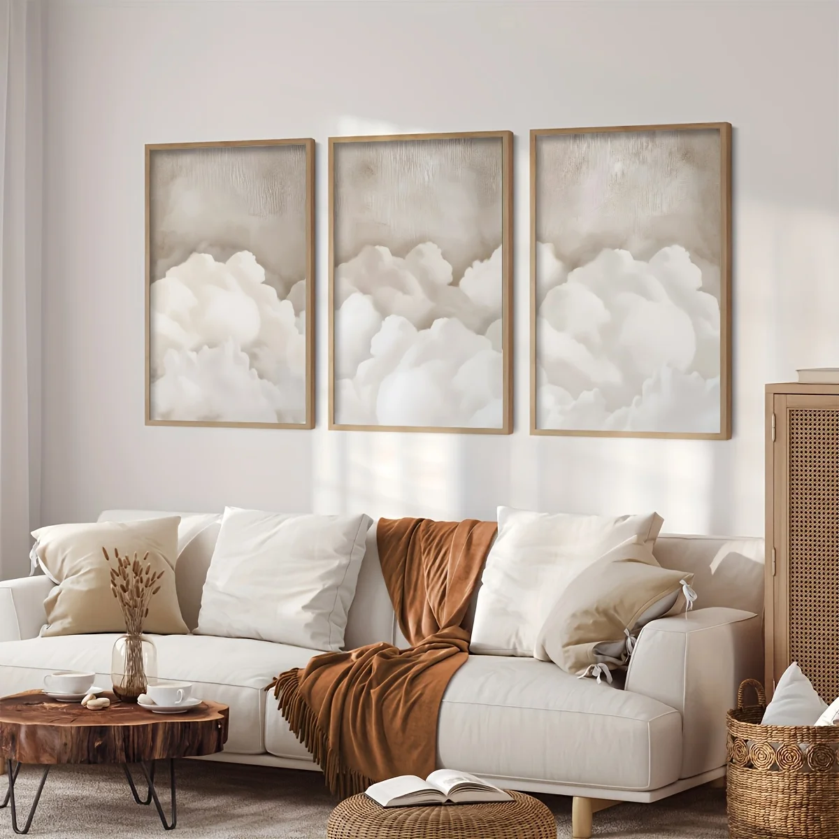 （NoFranme 3PCS）-2D Flat, 2D Flat, 3pcs Minimalist Cloud Canvas Art Prints - Soft Neutral Tones, Modern Frameless Wall Decor f