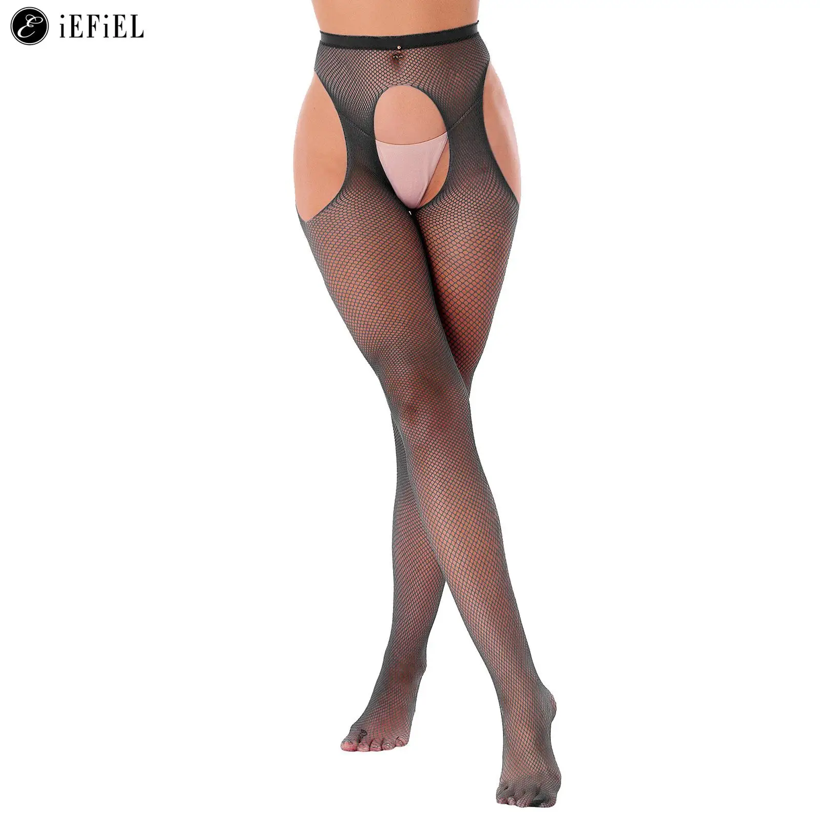 Vrouwen Hollow Out Mesh Visnet Dij Hoge Kousen Sexy Hoge Taille Uitsparing Panty Leggings Panty Crotchless Ondergoed