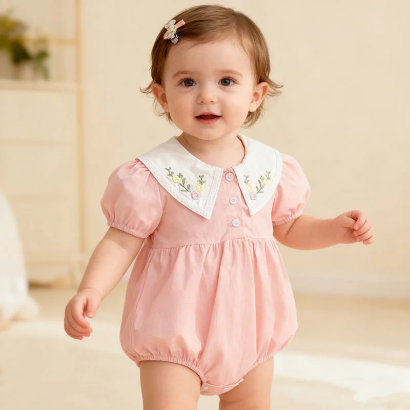 Girls Onesie 2026 Spring and Summer New Childrens Clothing Korean Style Girl Baby Cute Embroidered Collar Short-sleeved Onesie