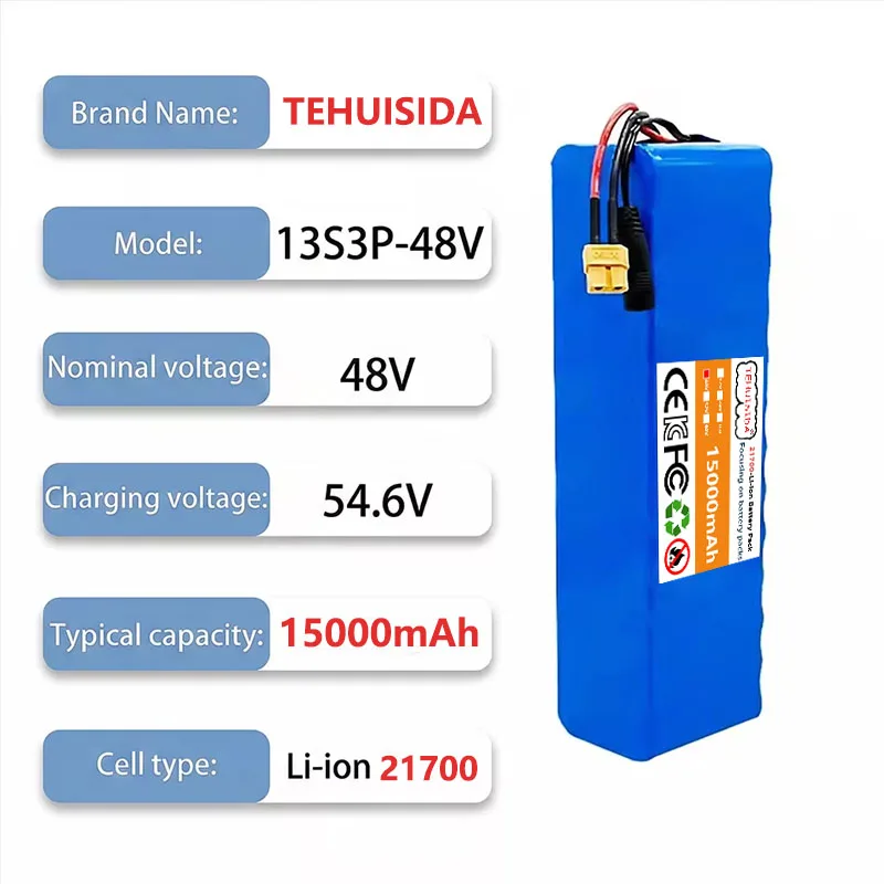 21700 Lithium-ion Battery Pack 48V 15Ah 13S3P Lithium Battery Power 500~1000W Suitable for Scooters and Power-assisted Bicycles