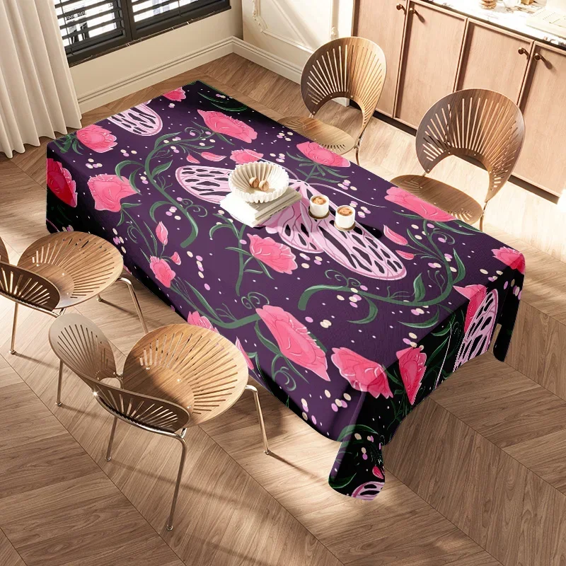 Pink Red Floral Table Cover, Floral Print Tablecloth, Black Flower Bedding Set, Home Decoration 60x120cm, Rustic Decor
