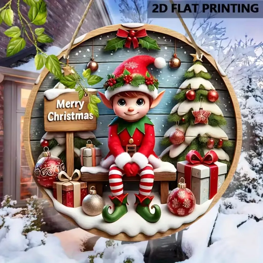 2D Charming Christmas Elf Circular Wooden Sign, Suitable for Home, Living Room, Caf É, Bar, Party Decoration, Perfect Ideal Gift