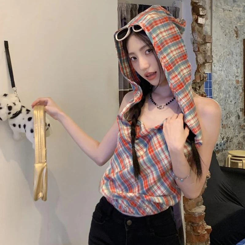 2024 summer new retro red plaid plaid collar top female summer Spice sleeveless hooded vest top