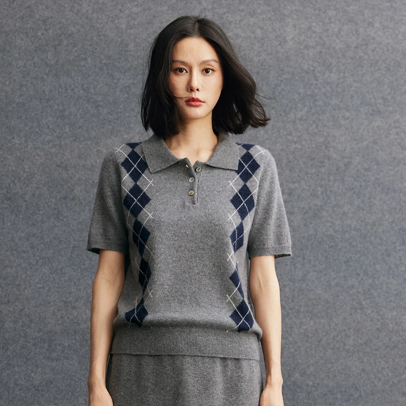 

Женский свитер-поло с воротником-поло, узором «аргайл», вязаный, 100% кашемир, в стиле преппи, с рукавом до локтя, пуловер, весна-осень, вязаные топы