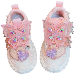 Zapatillas deportivas transpirables para niños y niñas, deportivas informales a la moda, con diamantes de perlas rosas, para correr, Primavera, 2023