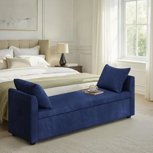 

Современная скамья-пуф для хранения вещей 59,5 дюймов, прикроватная скамья с подлокотниками и декоративными подушками, подставка для ног для гостиной и столовой