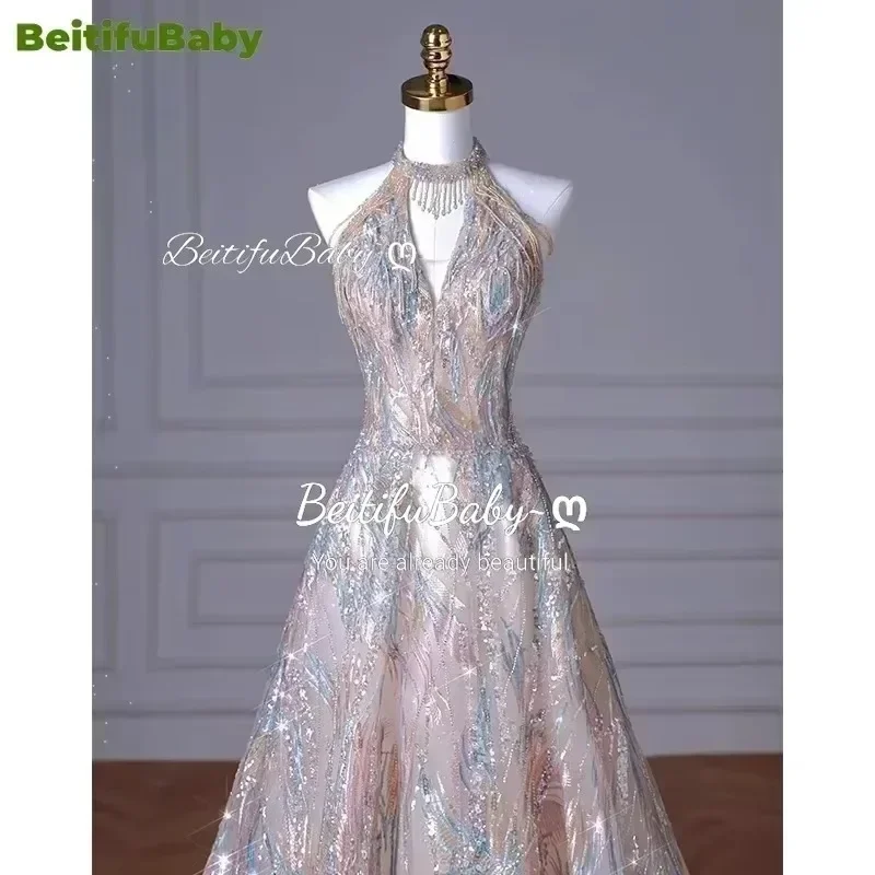 BeitifuBaby French Style Evening Dress for Women Vestidos Elegantes Luxury Sequins Sleeveless Tassel Fishtail Banquet Gown Dress