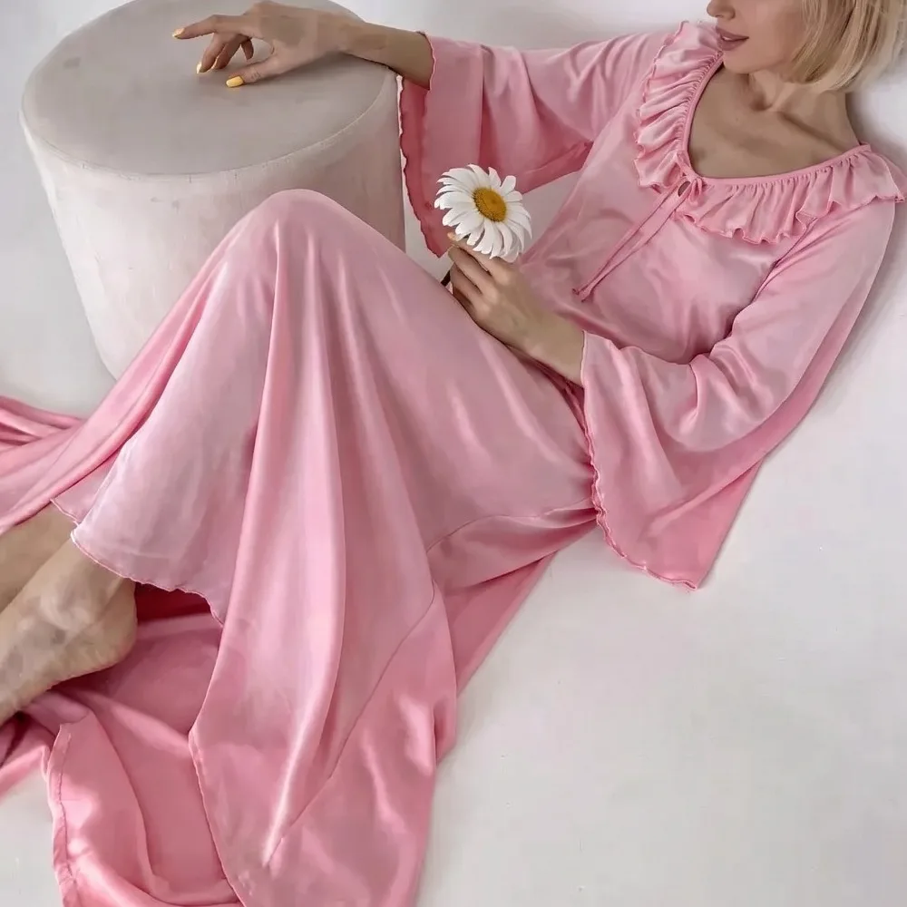 French Rose Red Color Milk Silk Lantern Sleeve Ruffle Nightgown for Women Soft Loungewear Dress Casual Versatile Homewear Outfit