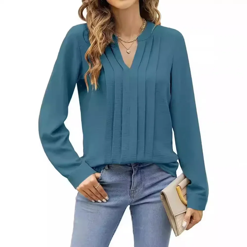 New Women's Dressy Casual Blouses Business Work Tops Long Sleeve V Neck Pleated Shirts 2024 Fall Outfits Fashion Loose T-Shirts